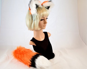 Adjustable Orange Fox Ears Headband and Tail Set