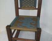 Child's Rocker, Vintage, Sturdy, Brown Stained Wood, Brown and Blue Woven Cord Seat and Back, Photo Display Prop Child's Rocker, Vintage, Sturdy, Brown Stained Wood, Brown and Blue Woven Cord Seat and Back, Photo Display Prop