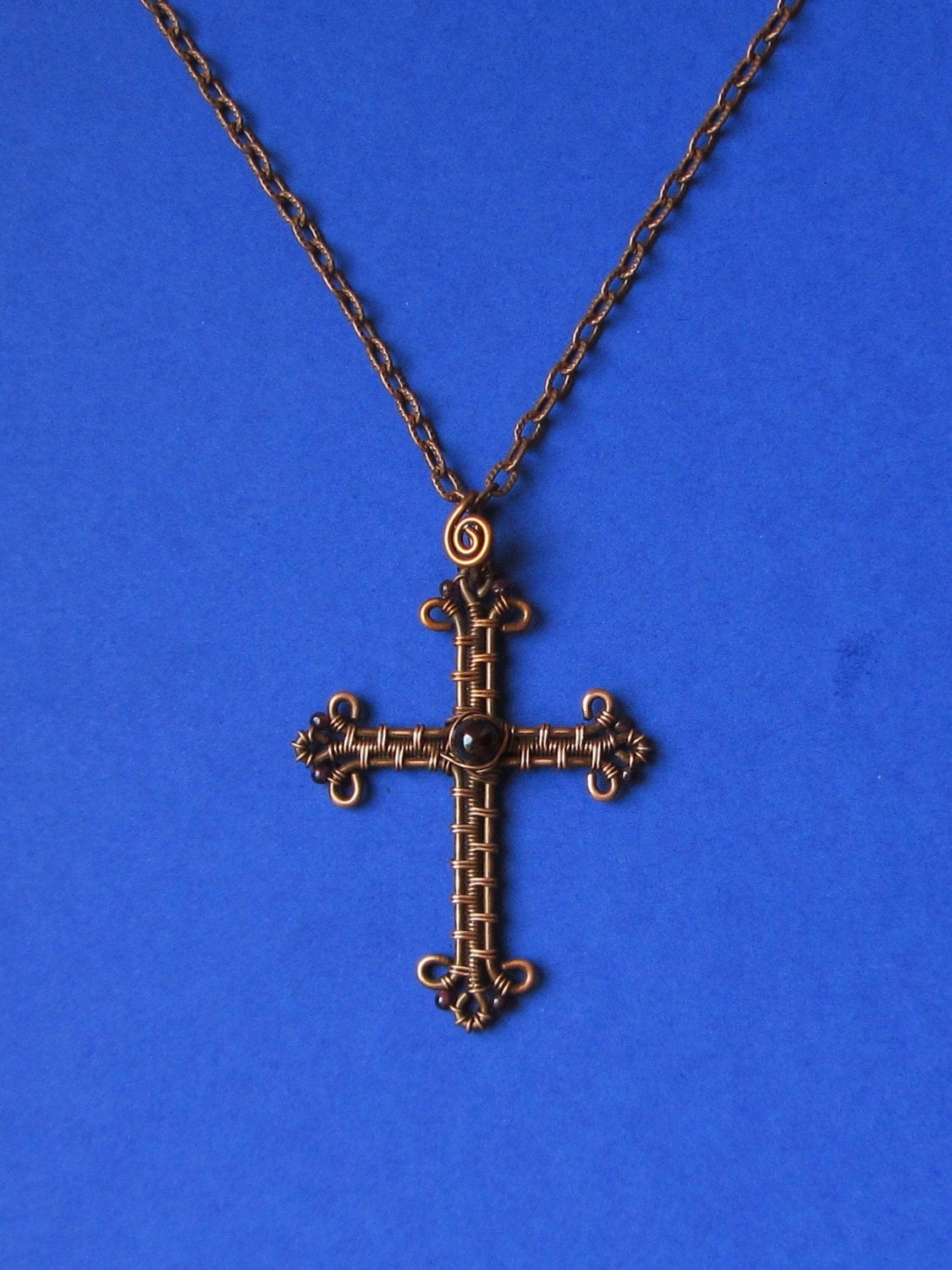 Wire Wrapped Cross necklace pendant Copper and Garnet natural