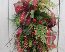 Christmas Swag - Christmas Door Decor - Plaid pine Swag - Holiday Swag ...