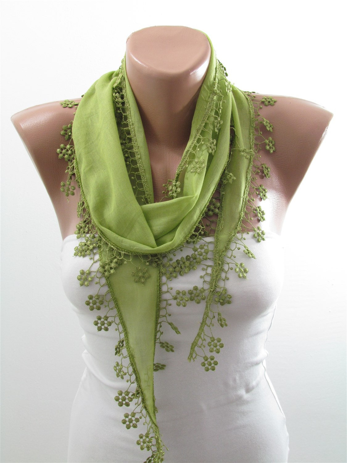 Cotton Scarf Green Scarf Women Cowl Scarf with Lace Edge