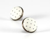 Ivory White Stud Earrings, Polka Dots Earring Studs, Green Dots Fabric Covered Buttons, Antique Bronze Shabby Elegance Earring Posts Jewelry