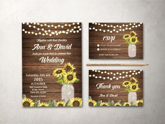 Rustic Wedding Invitation Printable, Wedding Invitation Suite, Mason Jar Wedding Invitation, Sunflower Wedding Invite, Fall Country Wedding