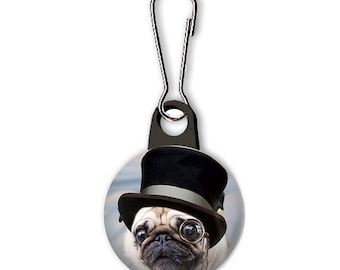Zipper Pull, Steampunk Pug Dog in Hat Zipper Pull for Hoodies, Jackets, Lunch Tote Zipper Charm, Backpack Zipper Pull, Party Favors Gifts
