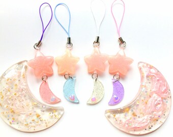 Pastel Crescent Moon Pink Star Phone Charm, Planner charm, Kawaii Accessory, Mahou Kei, Fairy kei, Sweet Lolita, Cute Pastel Star Charm