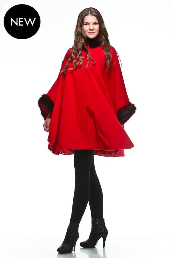 Red cape coat / wool cape coat / cashmere cape coat / faux fur