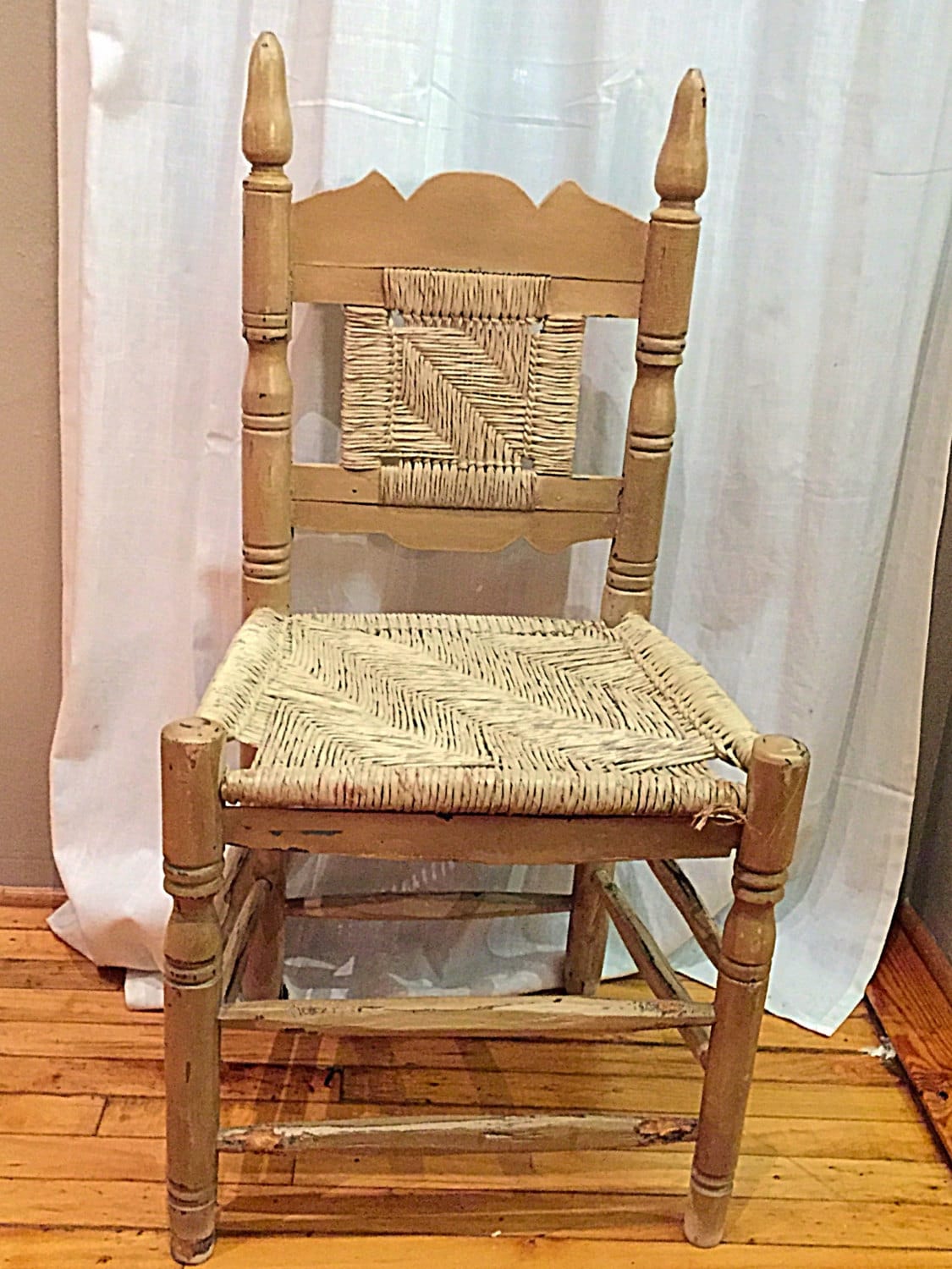 Antique Rush Seat / Back Woven Oak Dining Chair Rustic French Country