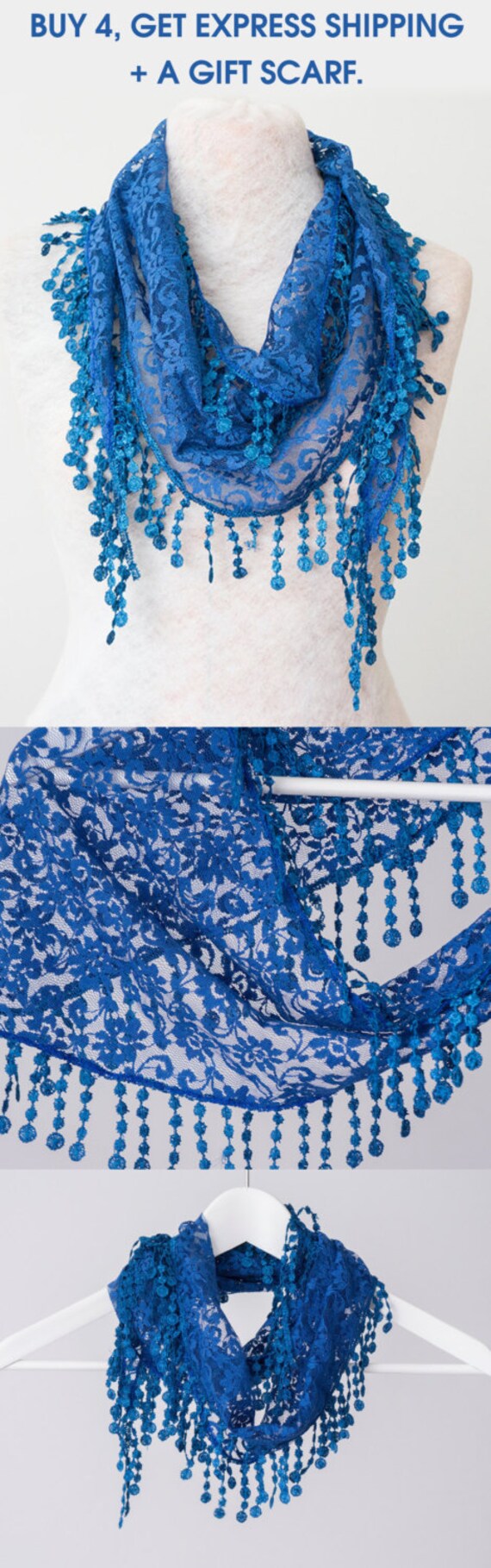 Lace Scarf Royal Blue Scarf Lace Fringe Scarf Triangle by Oxoo