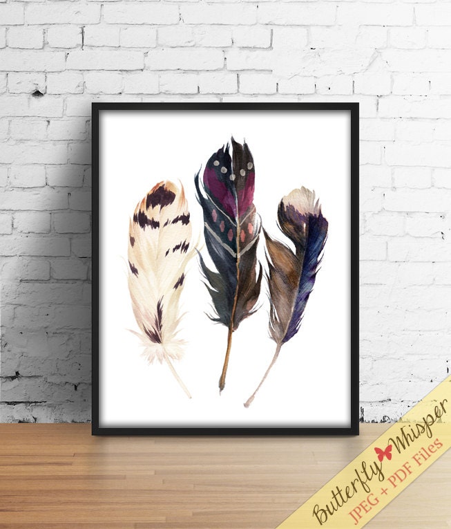 Boho printable watercolor feathers wall art by ButterflyWhisper