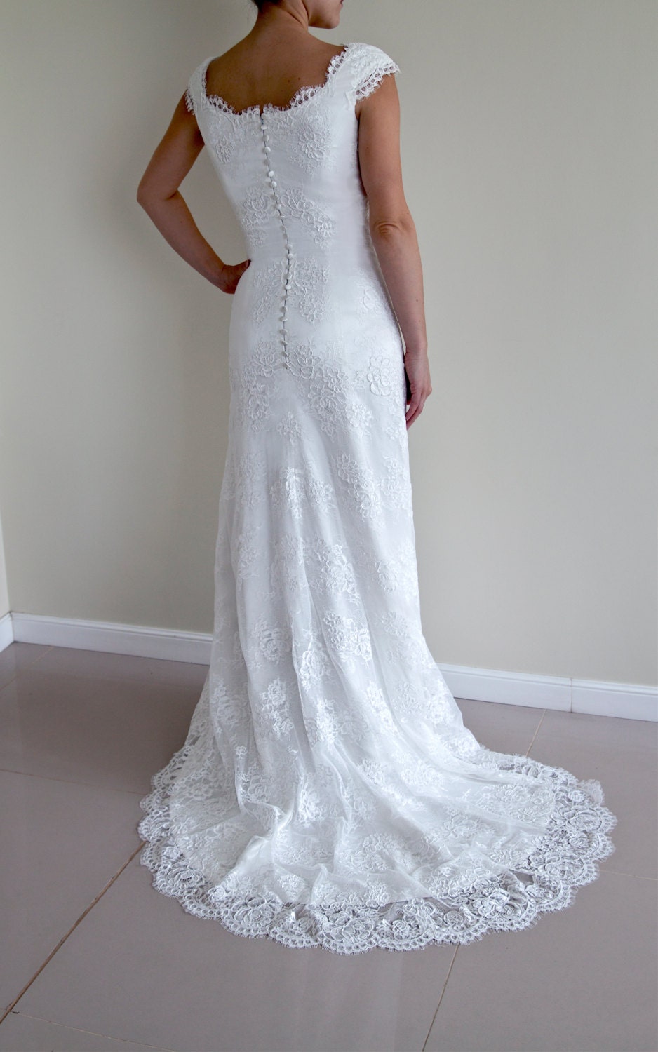 Alencon Lace Wedding Dress Modified A line  Wedding  Dress  Cap