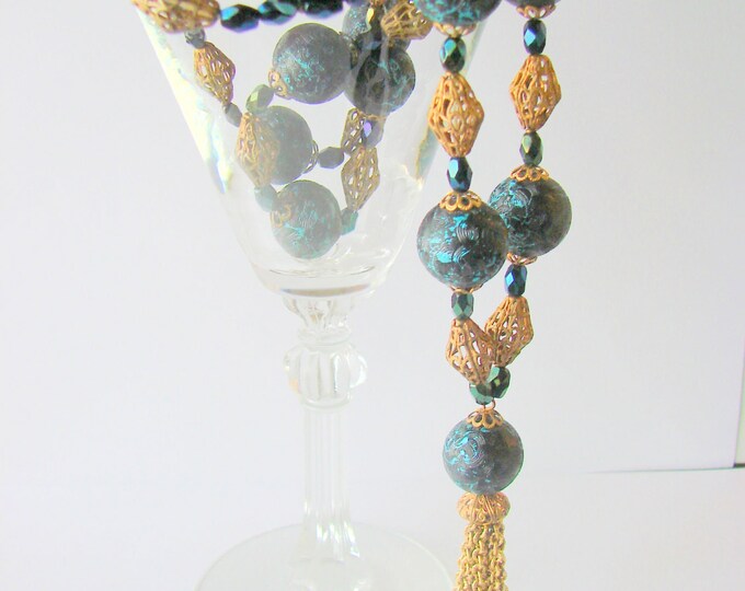 Boho Tassel Variegated Blue Bead Necklace / Filigree Beads / Aurora Borealis Glass Beads / Vintage Jewelry / Jewellery