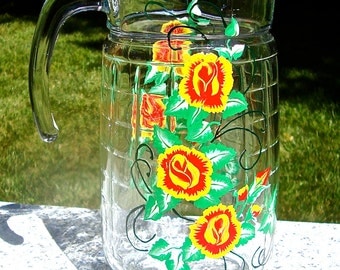 Glass Pitcher Hand Painted Red and Yellow Roses and Green Vines, Housewarming Gift, Home Decor, Wedding Shower Gift, Gifts For Mom