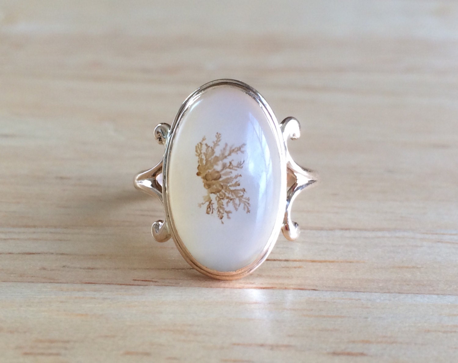 Antique Moss Agate Ring 10kt Yellow Gold Stone Cabochon