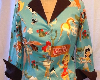 Western Novelty print Cowgirls Indians Rodeo Cartoon Kitsch Women's Shirt Rockabilly 50's style