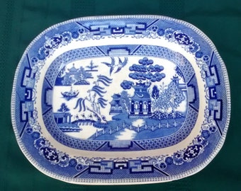 Antique BLUE WILLOW Serving Platter Plate BUFFALO Pottery 1911