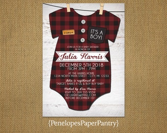 Rustic Baby Boy Shower Invitations,Red and Black Plaid Flannel Onesie,Clothes Pins,Buttons,Lil' Lumberjack,White Wood,Customizable,Envelopes
