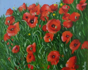 Original Small Oil Painting of Red Poppies, floral painting, flowers