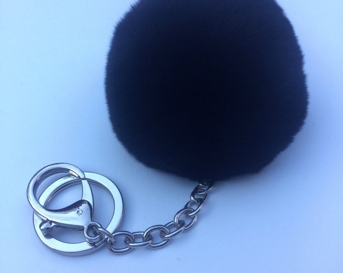 Gun Metal series Rabbit fur pom pom ball with elongated keychain in Black
