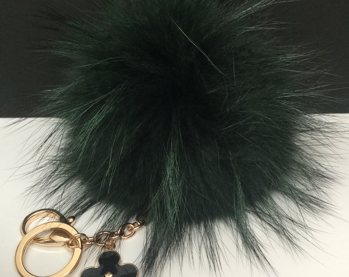 Very dark Green Raccoon Fur Pom Pom bag charm clover flower charm Keychain fur puff ball totem