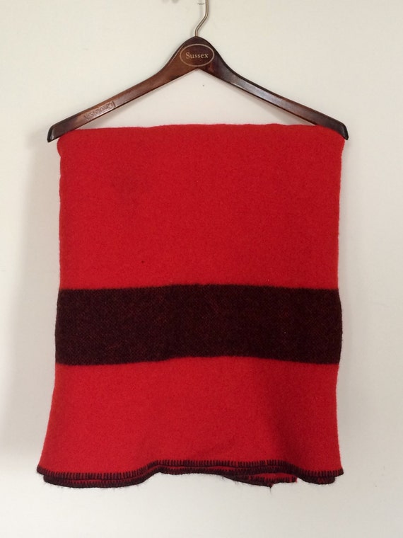Vintage RED WOOL BLANKET with Black Stripes 70 x 76 Twin