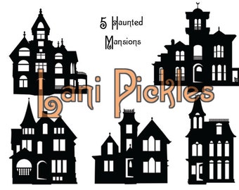 5 Haunted Mansion Houses Silhouettes, DIY Wall or Window Decal or Clip Art, Layered Vector, Cut, and High Resolution Image Files