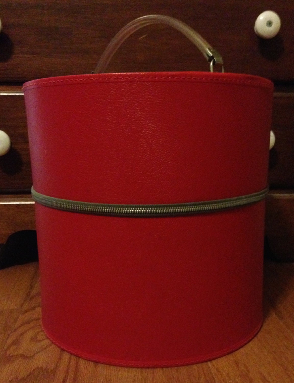 Vintage Large Ruby Red Zippered Hat Box with Blue Lining and Lucite
