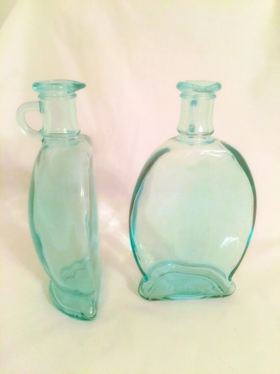 Vintage Oil & Vinegar Bottles Clear Green by CountryMileCottage