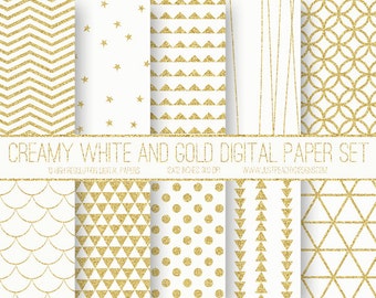 cream white and gold glitter modern digital scrapbook paper with geometric patterns