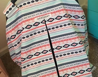 Baby Girl Car Seat Cover - Mint, Pink, Navy, Coral - Aztec - Tribal - Carseat Canopy