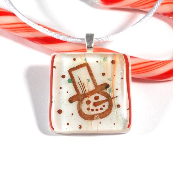 Red and White Frosty Snowman Pendant, Fused Glass Necklace, 1 Inch Square