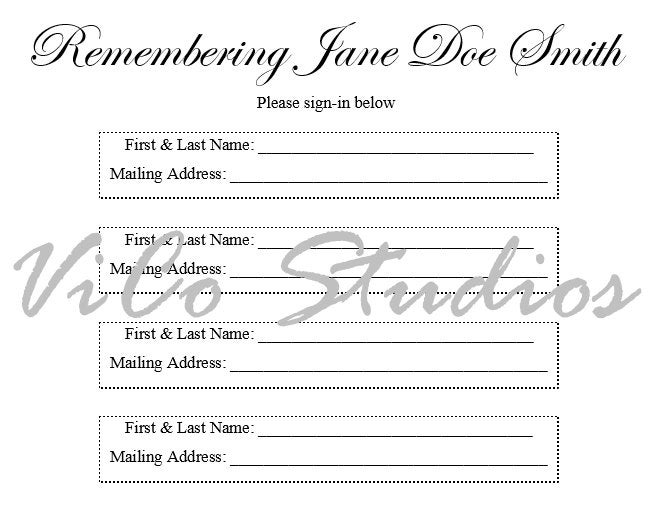 Funeral Sign In Sheet Easy Simple Printable Template