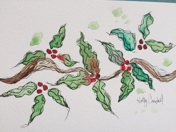 Original Painting Watercolor and Ink Holly by HollBellArt