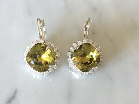 Swarovski Khaki Crystal Earrings, Khaki Crystal Bridesmaid Earrings, Khaki and Rhinestone Crystal Earrings, Fancy Crystal Earrings