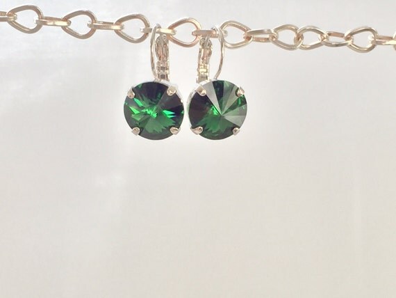 Dark Moss Green Crystal Earrings, Swarovski Dark Moss Green Earrings, Swarovski Green Crystal Earrings, Bridesmaid Earrings