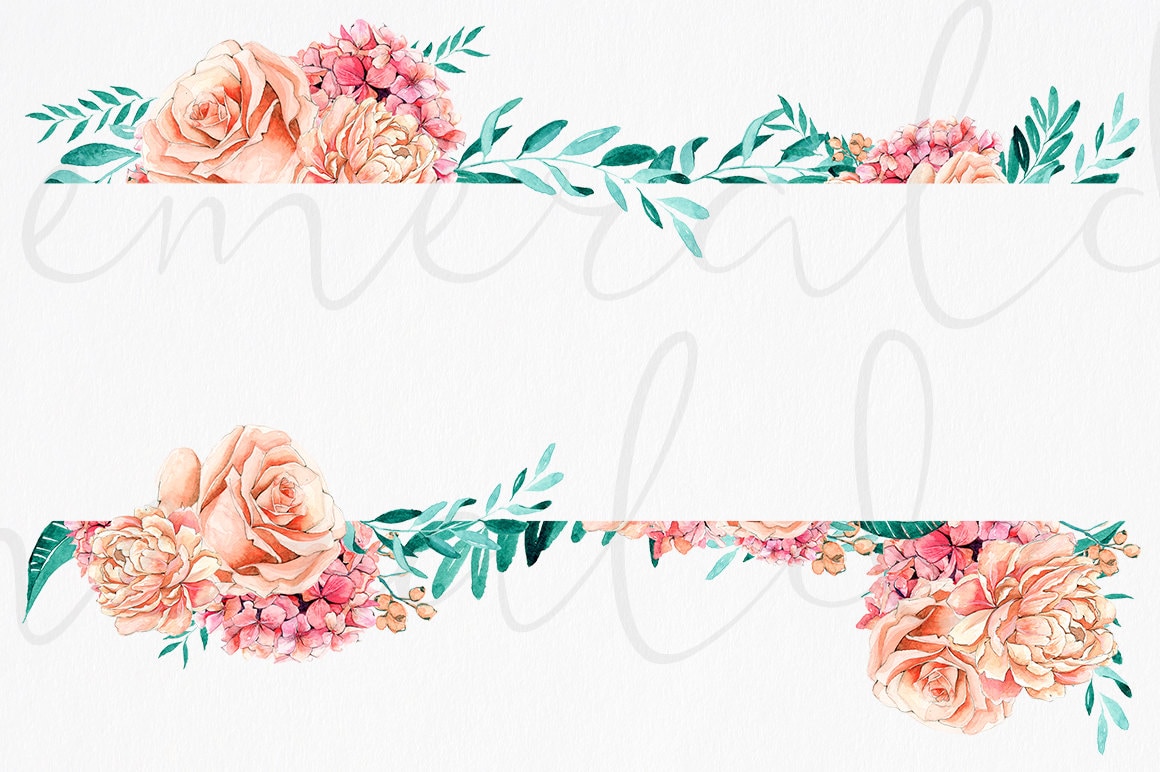 Handpainted Floral Clipart Peach and Mint Wedding Paper Pink