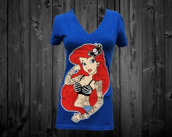Tattooed Princess Arial Blue V-neck T-shirt