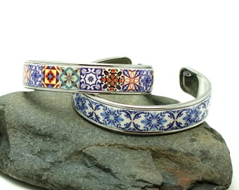 Portuguese tiles bracelet, charm bracelet, bangle bracelet, antique brass bracelet, statement bracelet, OOAK bracelet, anniversary gifts