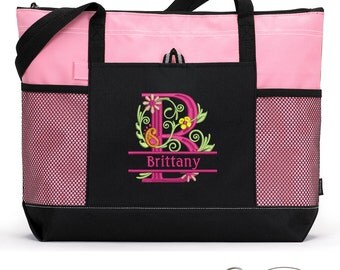 Floral Monogram Personalized Zippered Tote Bag With Mesh Pockets, Beach Bag, Boating