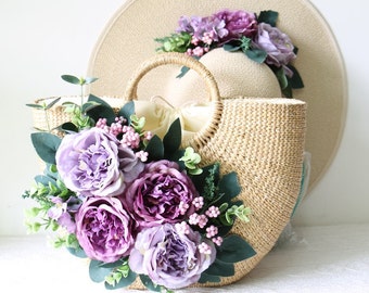 Vintage handmade flowers beach straw bag idyllic vacation hand woven bag, Japan and South Korea the cane straw bag