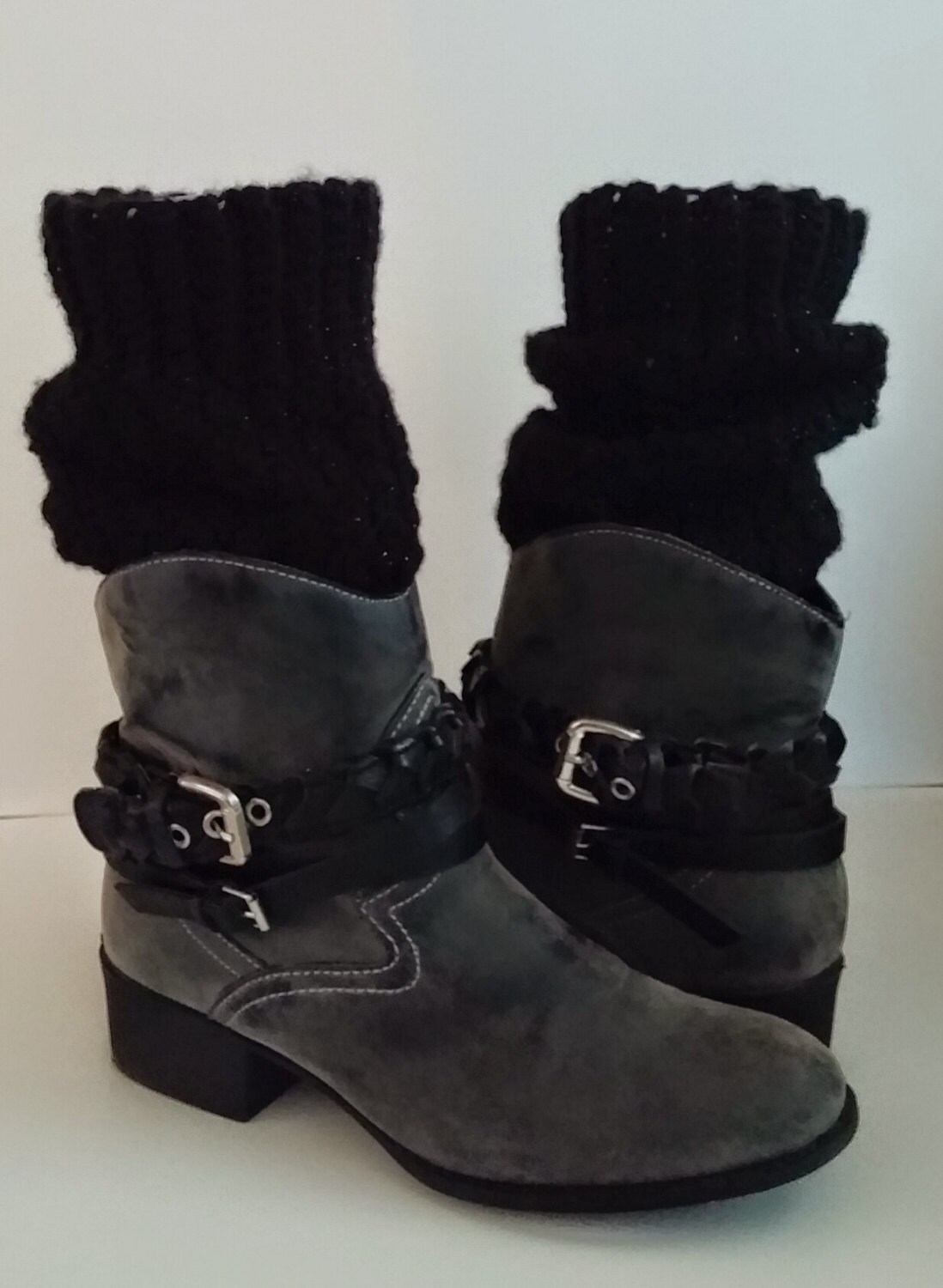 Crochet knit Leg Warmers Black Flecked Silver Sparkles