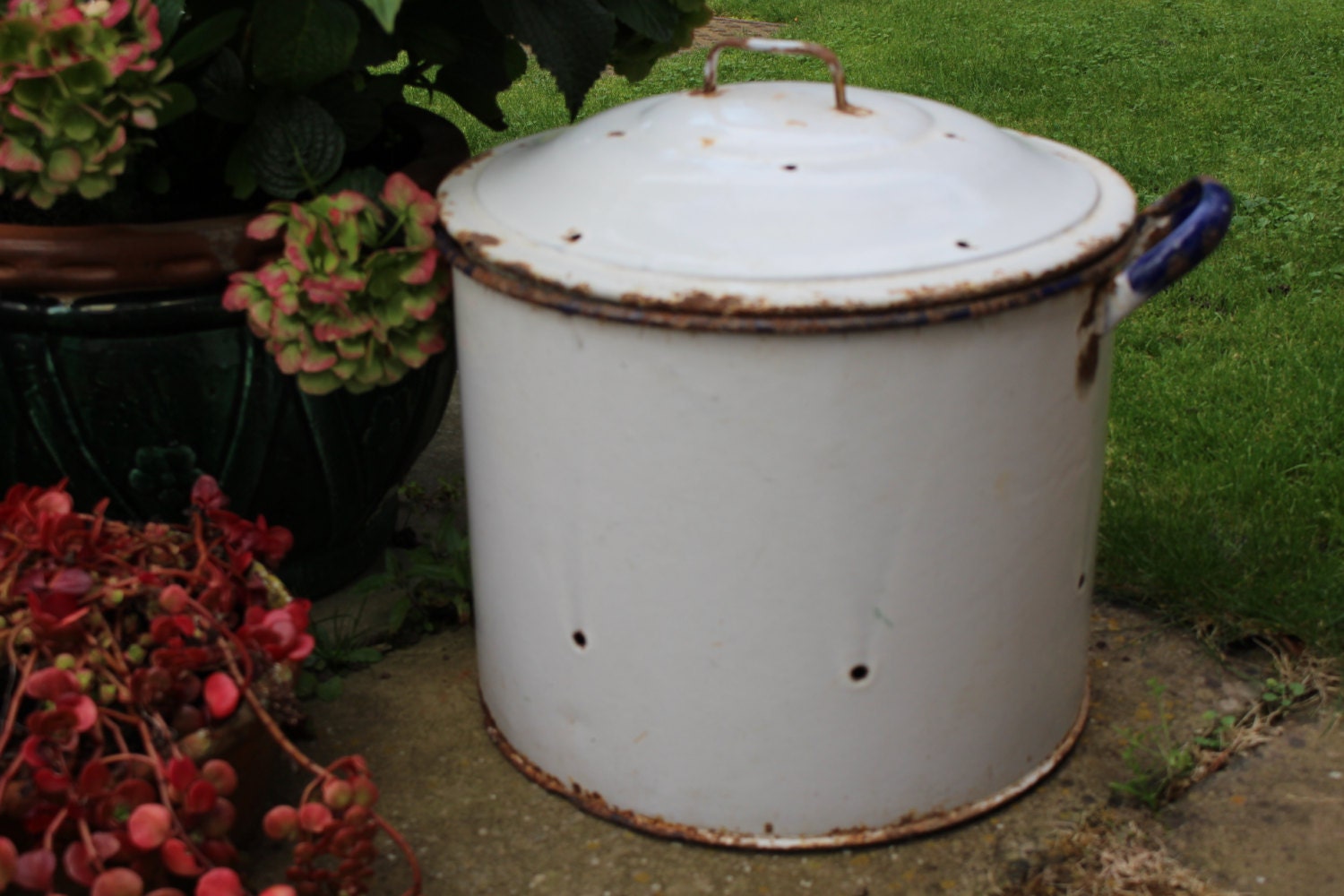 Very large white vintage enamel flour bin / storage tin / planter