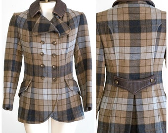Tailored brown and gray plaid riding jacket style coat with leather collar