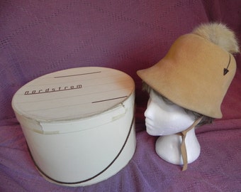 1960's Vintage Adolfo II Camel Color Wool Felt Italian Cloche Hat with Original Nordstrom Hat Box