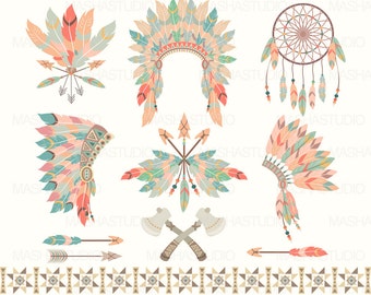 Tribal clipart: "TRIBAL CLIPART II" with feather headdress clipart, feather clip art, dream catcher clipart, 12 images, 300 dpi. Png files