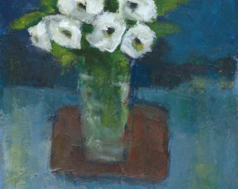 Original, expressive floral painting, heavily textured acrylic, 8x8 inch, White Flowers on a Red Cloth