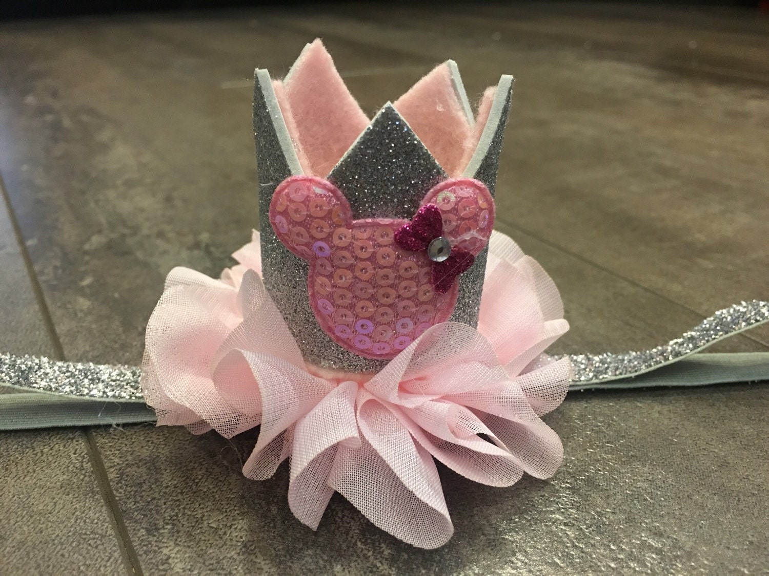 Pink and silver minnie mouse birthday crown headband minnie