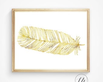Gold feather art, wall art feather, printable feather art, gold printable art, gold wall art, feather art, feather print, gold feather