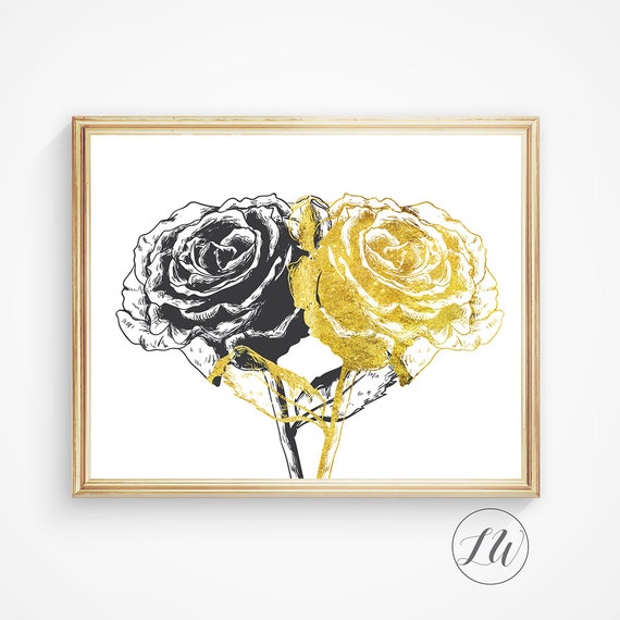 Wall print Gold foil print rose wall print black and gold