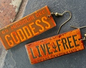 LICENSE PLATE EARRINGS - "Goddess" "Live Free" - Make a Statement - Lightweight earrings - Great Gift! (L-34) LICENSE PLATE EARRINGS - "Goddess" "Live Free" - Make a Statement - Lightweight earrings - Great Gift! (L-34)