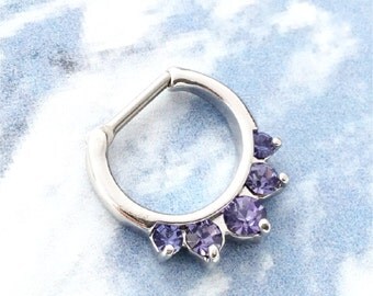 Septum Clicker Nose Jewelry, New Purple Amethyst Inset Stones, Rhodium ring, stainless steel 16g bar, nose ear jewelry SPECIAL sale